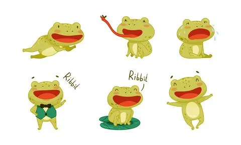 Funny frogs in different activities set. Cute amphibian character croaking Stock Illustration