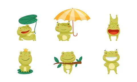 Funny frogs in different activities set. Cute amphibian character sitting under Illustrazione stock
