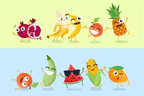 Funny fruit and vegetables - set of vector cartoon characters illustrations Stock Illustration