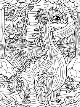 Funny game dragon. Background forest tropics. Antistress for children and adults Stock Illustration