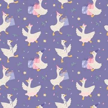 Funny geese seamless pattern. Repeated cartoon farm birds characters, cute goose Stock Illustration