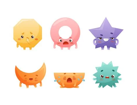 Funny Geometric Shape Character with Different Face Expression Vector Set 스톡 일러스트