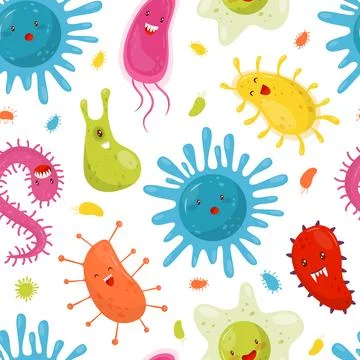 Funny Germs and Bacteria with Cute Face Seamless Pattern Vector Template Stock Illustration