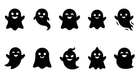 Funny ghost character collection with diverse smiling and laughing expressi.. Stock Illustration