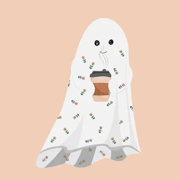Funny ghost with a hot drink in paper cup. Sheet ghost holding a mug. Hallowe Stock Illustration