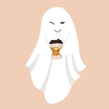 Funny ghost with a hot drink in paper cup. Sheet ghost holding a mug. Hallo.. Stock Illustration