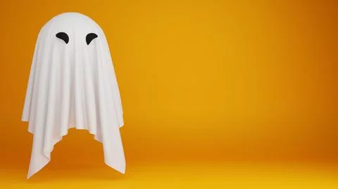 Funny ghost on yellow background with copy space. Halloween banner template. Stock Illustration