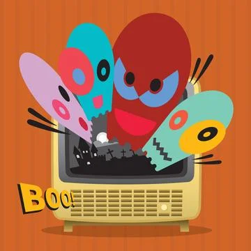 Funny ghosts brusting out of the mono television broadcasting flat design v.. Illustrazione stock
