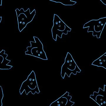 Funny Ghosts Drawn with Crayon. Seamless Pattern Cute Halloween Illustration. Illustrazione stock