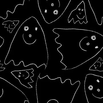 Funny Ghosts Drawn with Crayon. Seamless Pattern Cute Halloween Illustration. Illustrazione stock