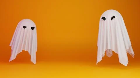 Funny ghosts on yellow background with copy space. Halloween banner template. Stock Illustration