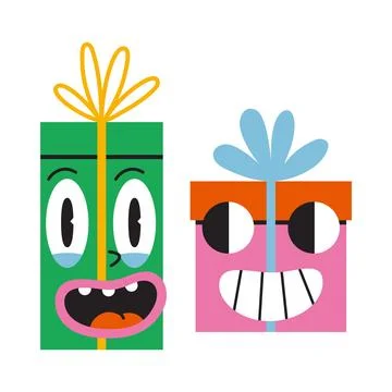 Funny gift boxes, cartoon style, vintage groovy character. Trendy modern ve.. Stock Illustration