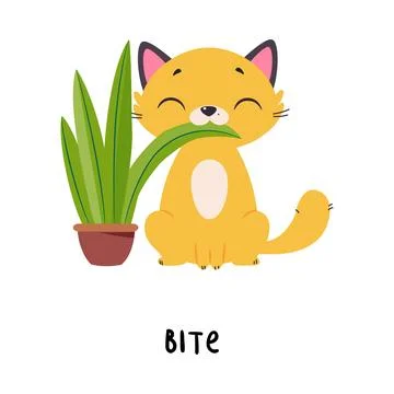 Funny Ginger Cat Bite Plant as English Verb for Educational Activity Vector Stock Illustration