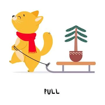 Funny Ginger Cat Pull Sledge as English Verb for Educational Activity Vector Stock Illustration