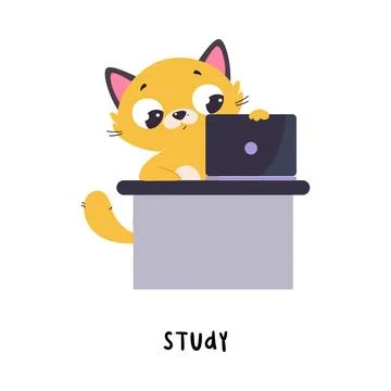 Funny Ginger Cat Study at Laptop as English Verb for Educational Activity Vector Stock Illustration