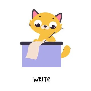 Funny Ginger Cat Write on Paper as English Verb for Educational Activity Vector Stockillustratie