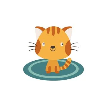 Funny ginger kitten or cat on knitted mat flat vector illustration isolated. Stock Illustration