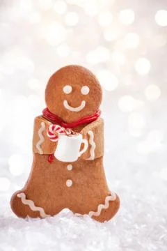 Funny Gingerbread cookie men with marshmallow snowman Stock Photos