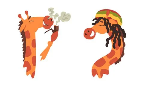 Funny Giraffe Character with Long Legs and Neck Smoking Pipe and Wearing Illustrazione stock