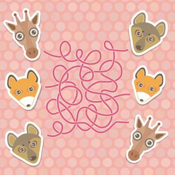 Funny giraffe, fox, wolf labyrinth game for Preschool Children. Vector Stock Illustration