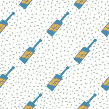Funny glass bottle seamless pattern. Alcohol rum bottles on dots background.B Illustrazione stock