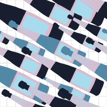 Funny glass bottle seamless pattern on stripes background. Alcohol rum bottle Stock Illustration
