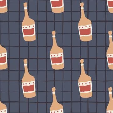 Funny glass bottle seamless pattern on stripes background. Rum bottles. Illustrazione stock