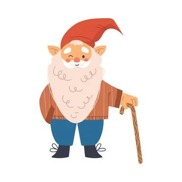Funny Gnome Character with Beard Standing with Cane and Winking Vector Ilustración de archivo