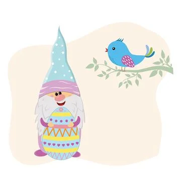 Funny gnome with a decorated Easter egg and a bird on a tree branch, vector i Stock Illustration
