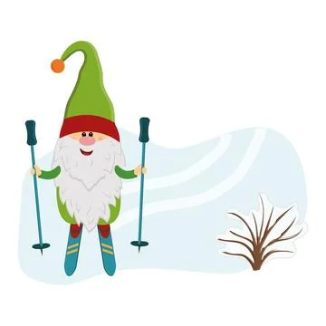 Funny gnome skiing in winter, vector isolated illustration in flat style 스톡 일러스트