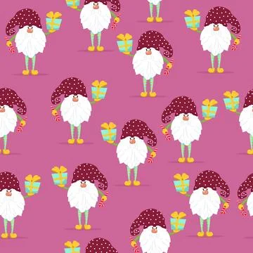 Funny gnomes with gifts seamless pattern. Cheerful gnomes in hats vector Stock Illustration
