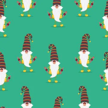 Funny gnomes with gifts seamless pattern. Cheerful gnomes in hats vector Stock Illustration