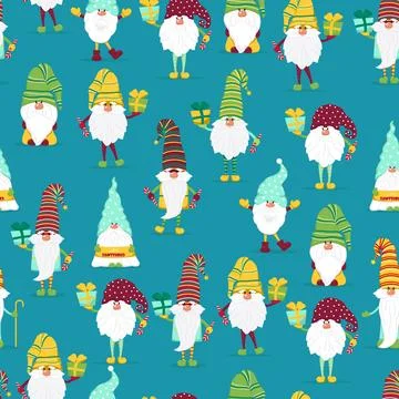Funny gnomes with gifts seamless pattern. Cheerful gnomes in hats vector Stock Illustration
