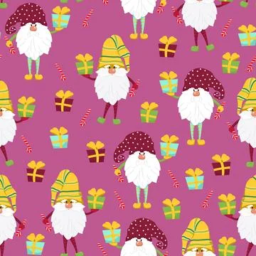Funny gnomes with gifts seamless pattern. Cheerful gnomes in hats vector Stock Illustration