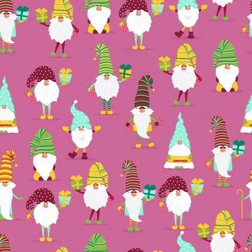 Funny gnomes with gifts seamless pattern. Cheerful gnomes in hats vector Stock Illustration