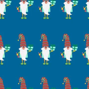 Funny gnomes with gifts seamless pattern. Cheerful gnomes in hats vector Stock-Illustration