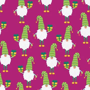 Funny gnomes with gifts seamless pattern. Cheerful gnomes in hats vector Stock Illustration