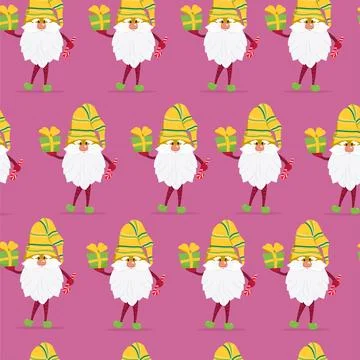 Funny gnomes with gifts seamless pattern. Cheerful gnomes in hats vector Stock Illustration