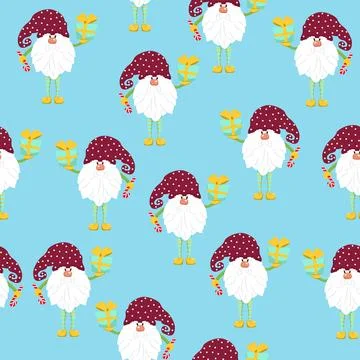 Funny gnomes with gifts seamless pattern. Cheerful gnomes in hats vector Stock Illustration