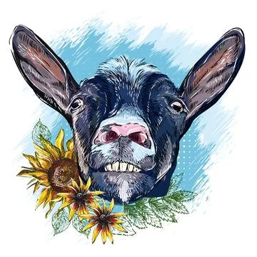 Funny goat muzzle with sunflowers design vector illustration Stock Illustration