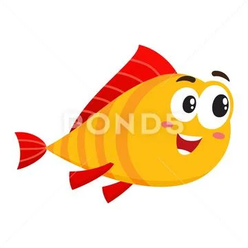 Funny golden fish character with human face interested in