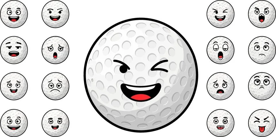 Funny Golf Ball Character with Multiple Expressive Faces and Emotions Stock Illustration