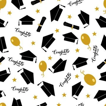 Funny graduation seamless pattern. Caps thrown up. Grad ceremony backdrop. Ve Stock Illustration