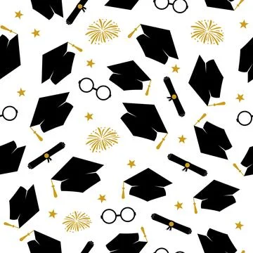 Funny graduation seamless pattern. Throwing caps and fireworks. Grad ceremo.. Stock Illustration