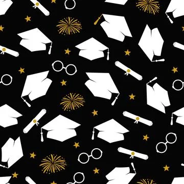 Funny graduation seamless pattern. Throwing hats and fireworks. Grad ceremo.. Stock Illustration
