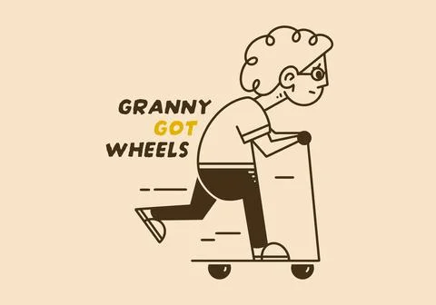 Funny Granny Riding Mobility Walker With Retro Wheelchair Humor Stock Illustration