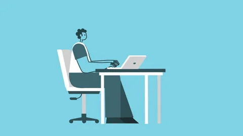 Funny Graphic Flat Design Bold Man Cartoon Character Work From Laptop Workplace 스톡 동영상 144052152