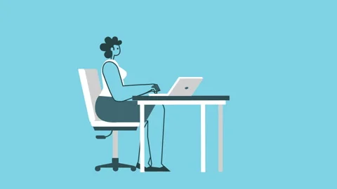 Funny Graphic Flat Design Bold Woman Cartoon Character Work From Laptop 스톡 동영상 144052255