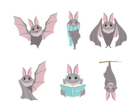 Funny Gray Bat with Cute Snout Flying, Reading Book, Wearing Scarf and Hanging Stock Illustration