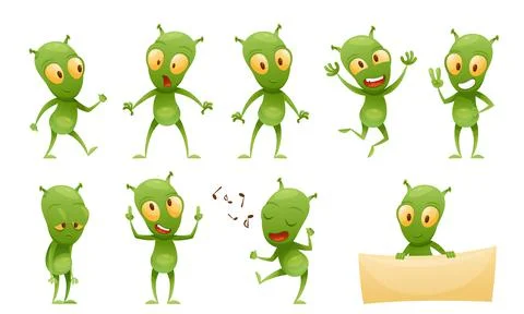 Funny Green Alien Character with Big Eyes and Small Antenna on Head Engaged in Stock Illustration